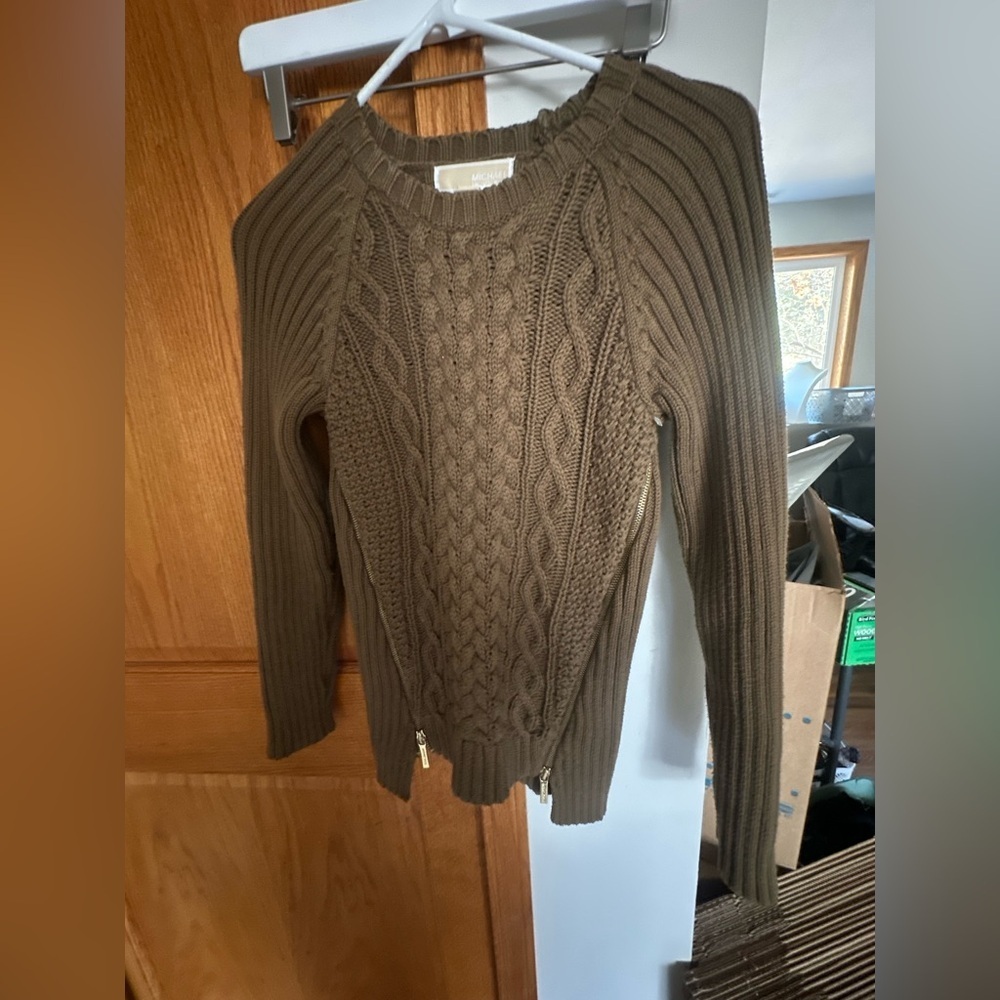 Michael Kors Brown/Olive green Cable Knit Sweater with Gold Zippers